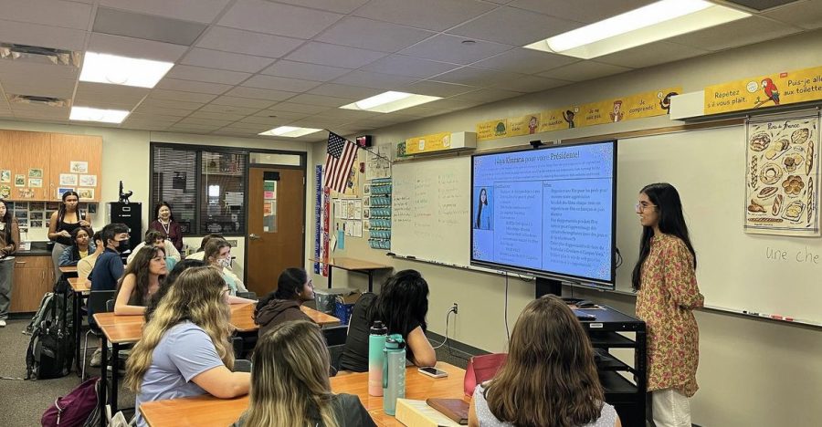 Members attentively listen to Nitya Khurana '24 present her candidacy speech and slide. Khurana was elected SHF President for next year.